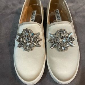 Badgley Mischka white jeweled loafers
